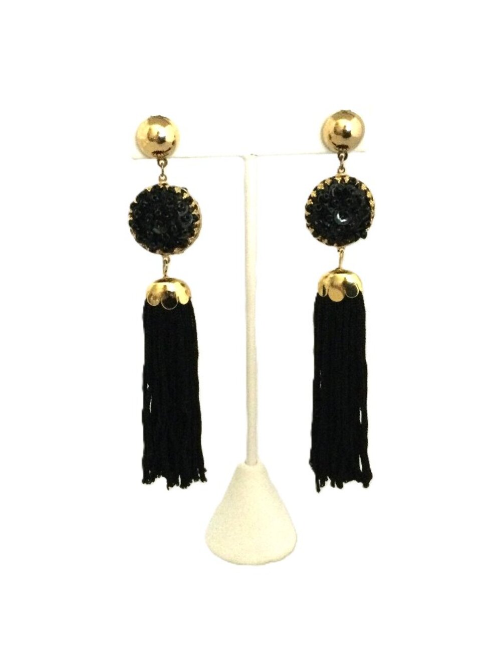 Vintage 80s Dramatic Black Tassel Gold Pierced Earrings 4” Runway Statement‎